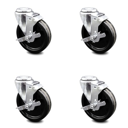 Service Caster 5 Inch Phenolic Wheel Swivel Bolt Hole Caster Set with Brake SCC-BH20S514-PHR-TLB-4